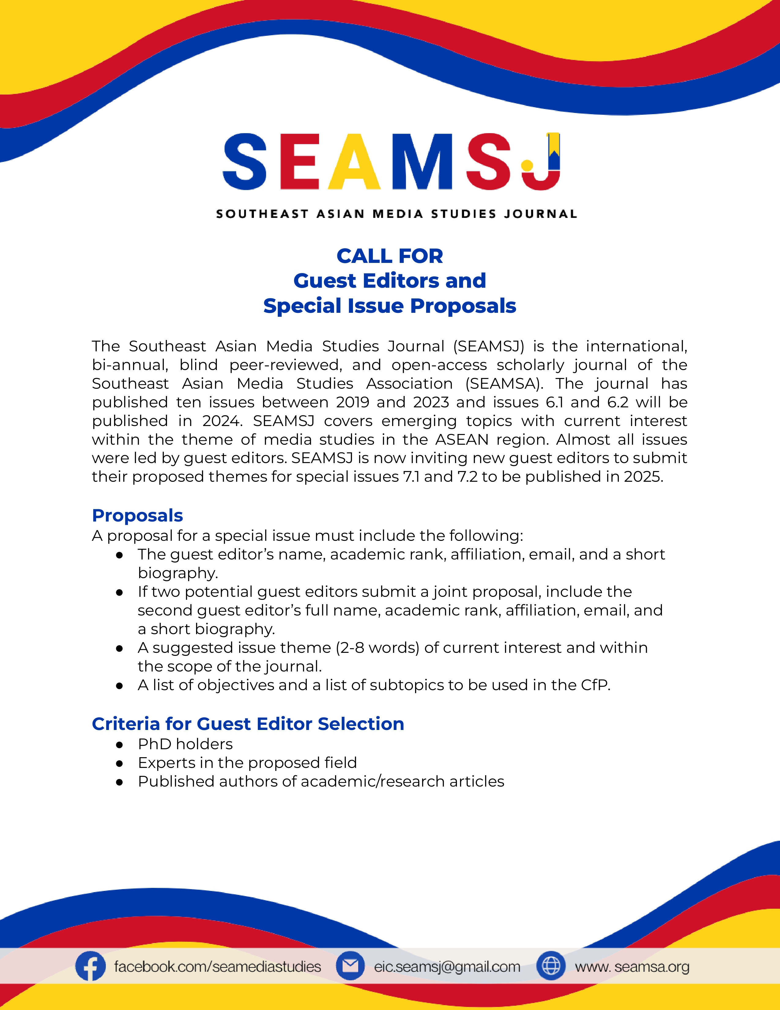 Call for Guest Editors and Special Issue Proposals of SEAMSJ – [SEAMSA]
