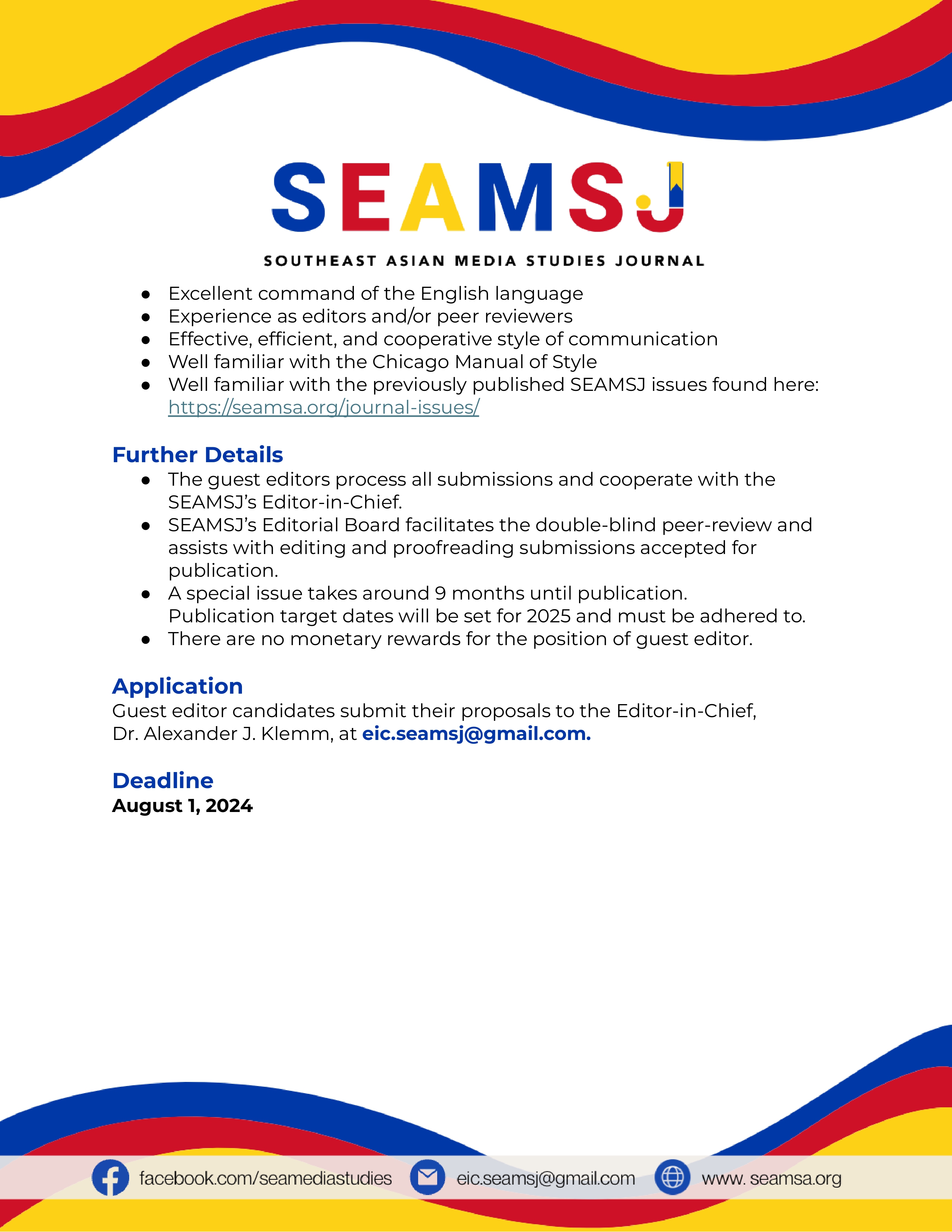 Call for Guest Editors and Special Issue Proposals of SEAMSJ – [SEAMSA]
